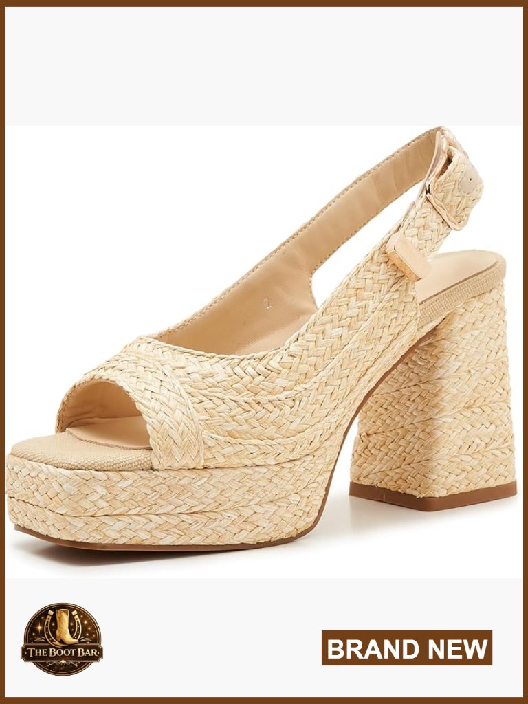 Woven Raffia Platform Sandals Chunky Block Heel Slingback Summer